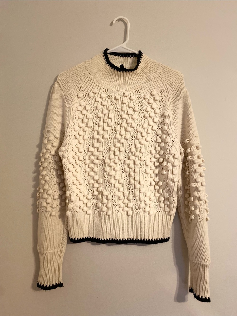 BCBGMaxAzria Cream Pom-Pom Knit Sweater with Black Trim